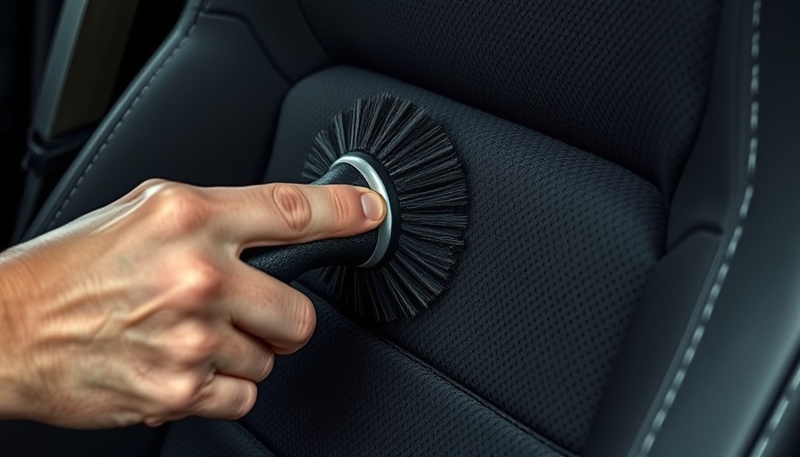 Close-up of hands cleaning Alcantara car seat with a brush.