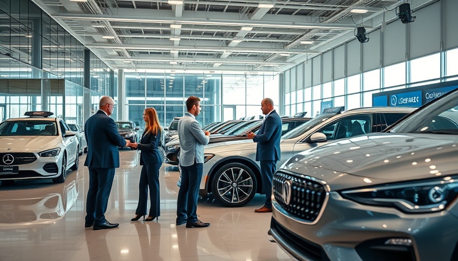 Technology and Human Expertise in Auto Dealerships: modern showroom with staff