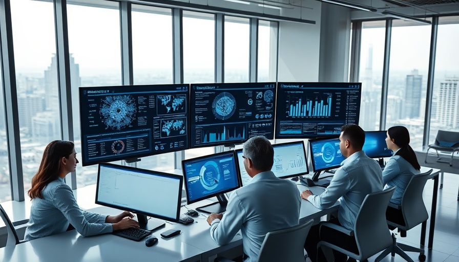 Modern office with computer screens showing cybersecurity data.
