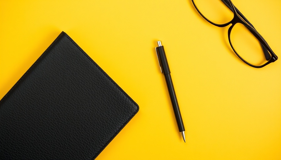 Black notebook and pen on yellow background for improvement planning.
