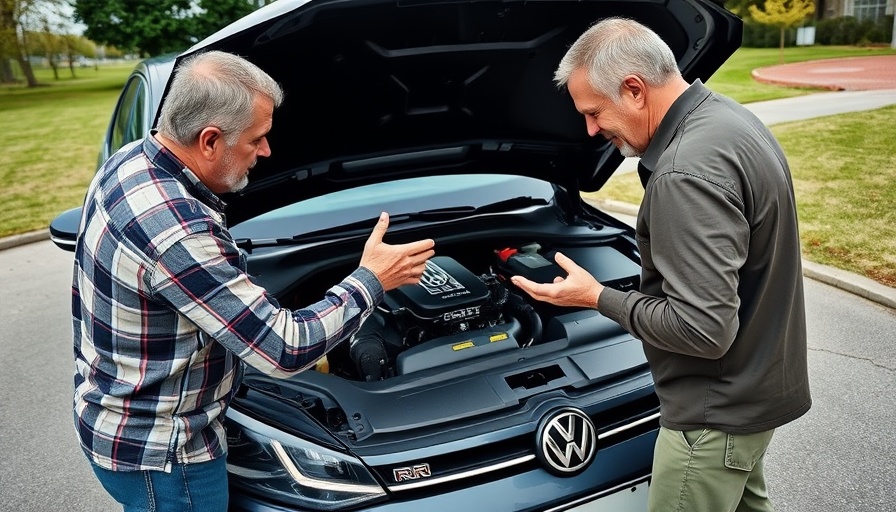 Middle-aged man reviewing Volkswagen Golf R engine in daylight.