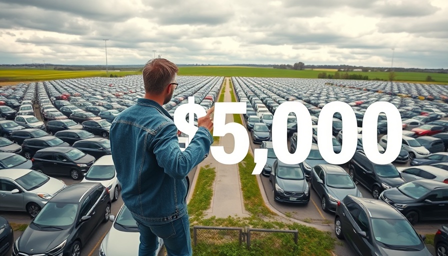 Expansive car lot with $5,000 sign, discussing car prices.