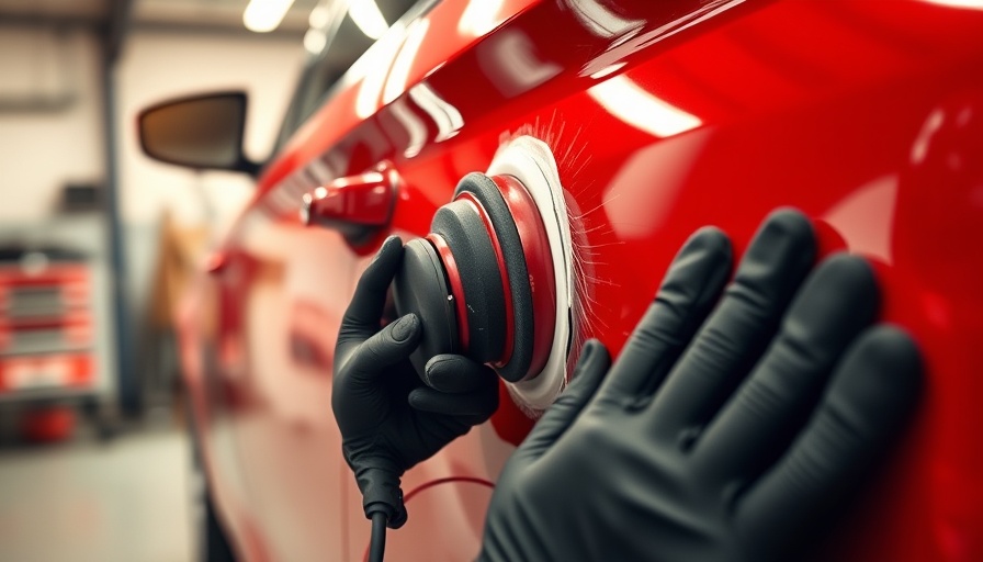 Efficiently polish car without lift, close-up of person using buffer on red car.