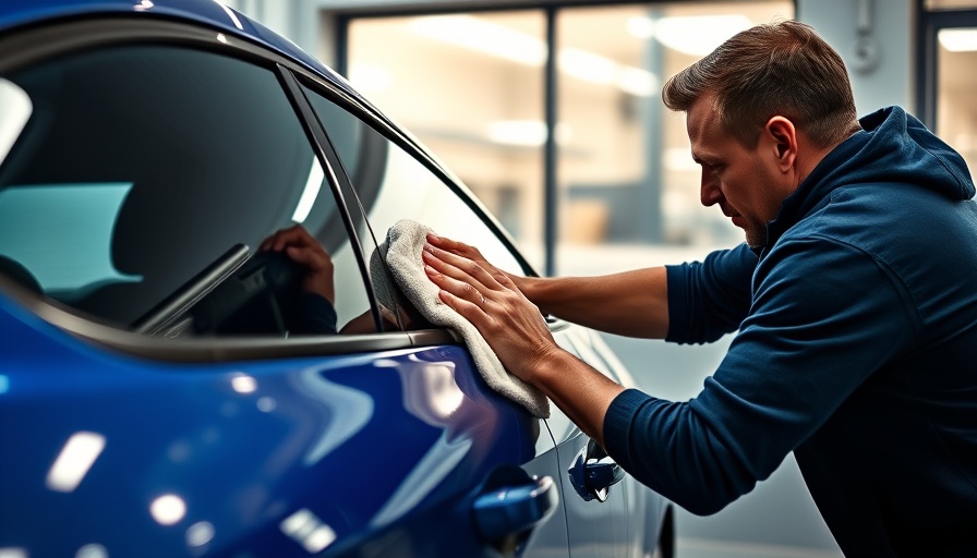 Man polishing blue car door, highlighting benefits of car wax.