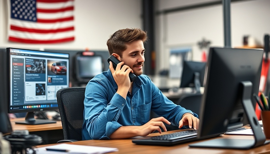 Focused young man managing auto repair shop tasks in an office.