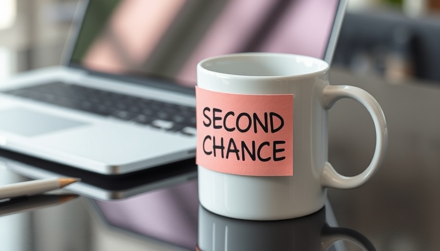 Mug with 'SECOND CHANCE' note and laptop, reflecting search results affect reputation.