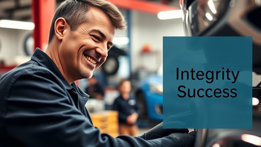 Mechanic with a warm smile assisting a customer in a well-lit garage, showcasing customer loyalty.