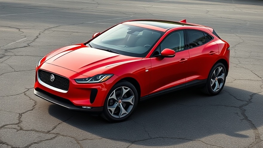 Red Jaguar I-PACE highlighting car depreciation against cracked asphalt background.