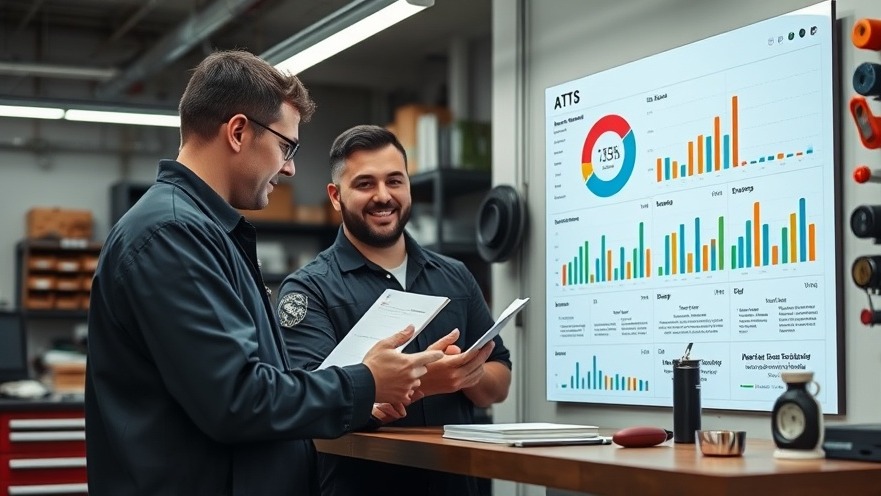 Auto repair team analyzing KPIs dashboard for customer satisfaction.