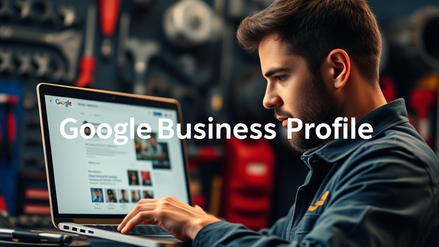 Mechanic reviewing Google Business Profile for auto repair visibility in a vibrant workshop.