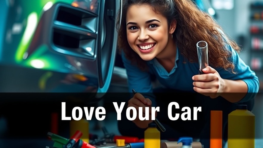 Joyful person kneeling beside a car, showcasing auto care tips with tools and vibrant supplies.