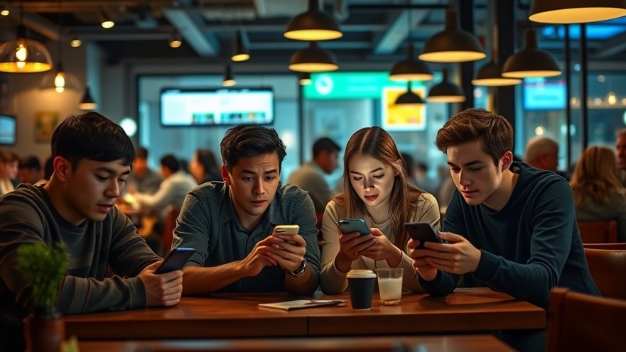 Young adults reading positive reviews in a busy café, highlighting customer trust.