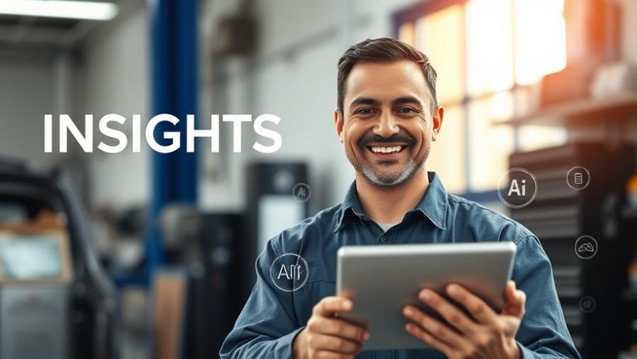 Confident auto repair shop owner with tablet, showcasing AI search optimization insights.