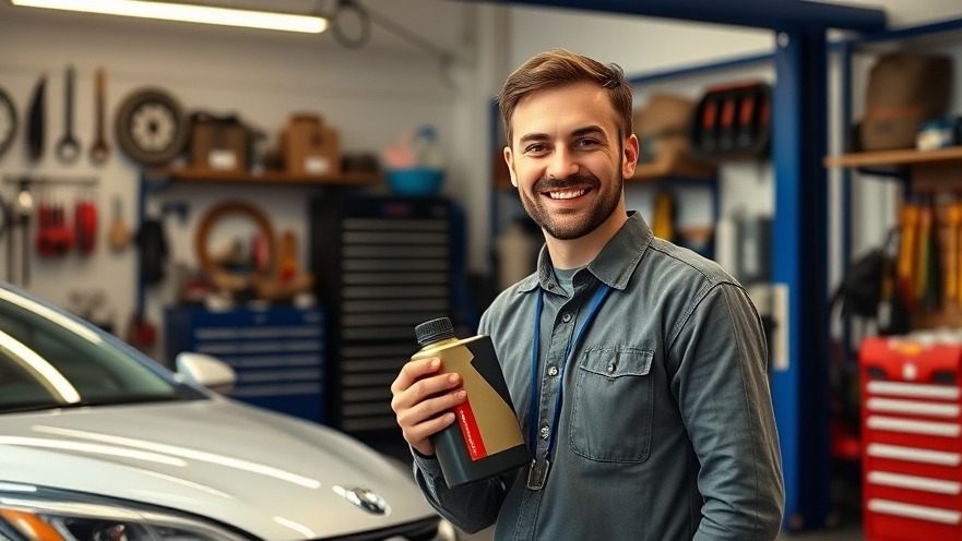 Smiling person in a bright garage holding an oil can, showcasing organized tools and car.