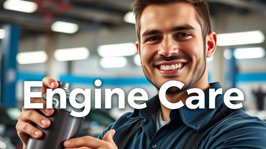 Smiling mechanic with oil can in modern service station, highlighting Engine Care.