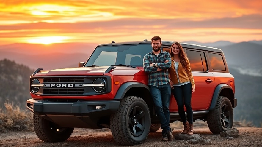Couple enjoying 2024 Ford Bronco features on a scenic sunset mountainside.