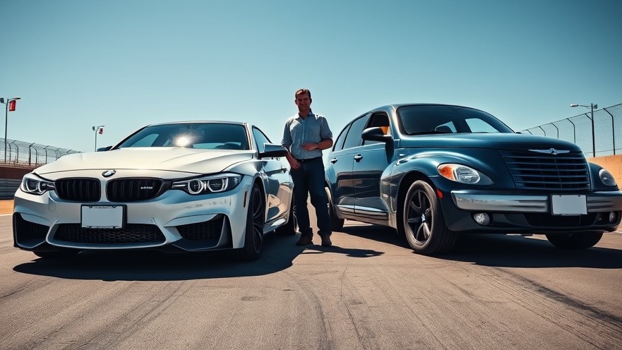 BMW M3 and PT Cruiser on a track, showcasing the impact of performance tires on automotive safety.