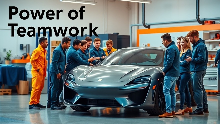 Teamwork in automotive industry showcased in vibrant auto repair shop scene.