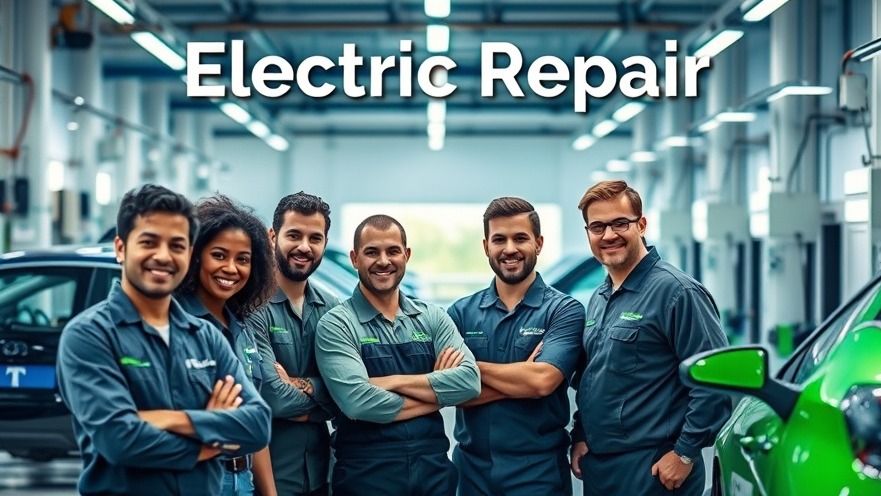 Diverse mechanics collaborating in a modern EV service shop with electric cars.