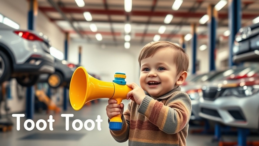 Child playing with a toy horn in a spacious auto repair shop, highlighting trust in automotive repair.