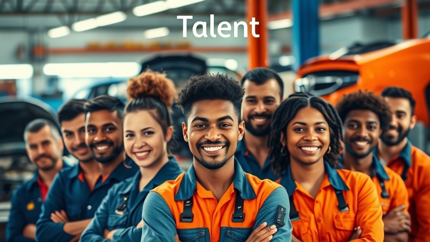 Diverse automotive service professionals collaborate in a modern workshop setting.