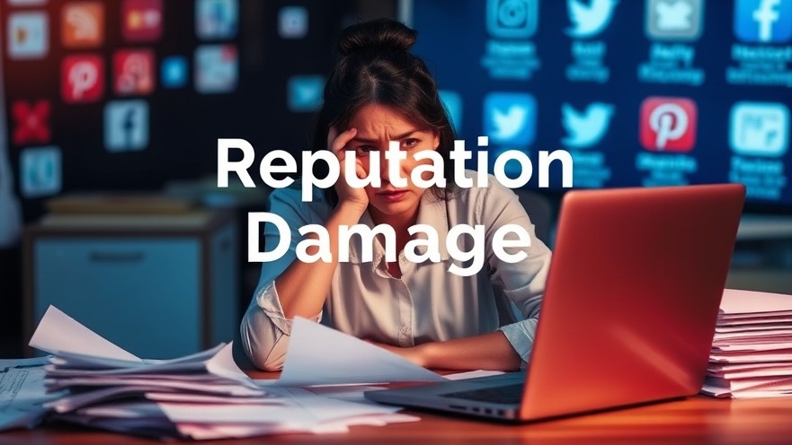 Concerned woman at desk facing negative search results highlighting online reputation management.