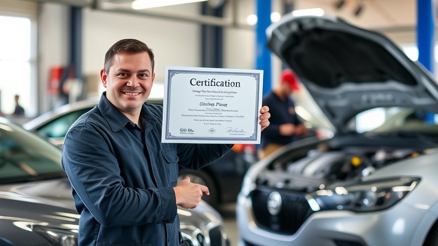 Auto shop owner proudly displays certification for industry compliance