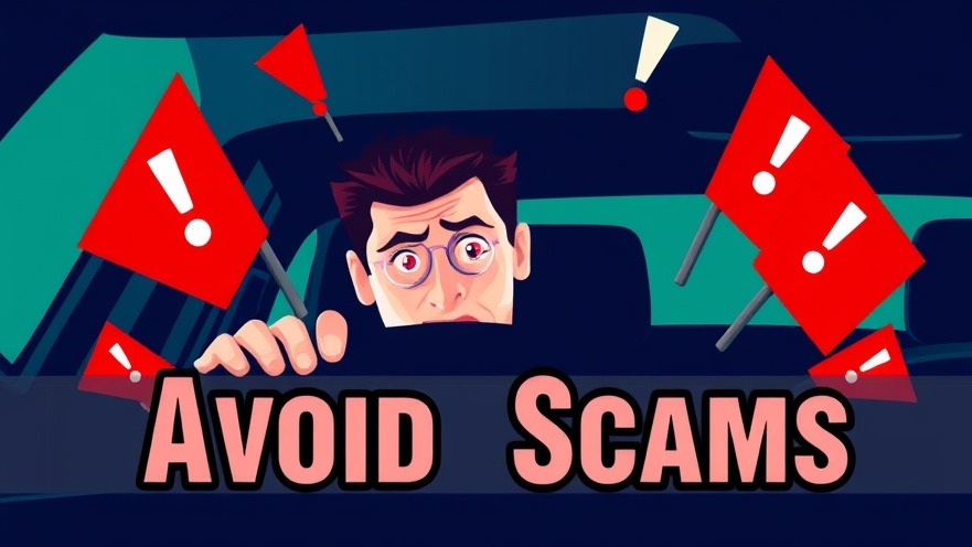 Car theft protection through scam awareness; a person shows caution near a suspicious vehicle.
