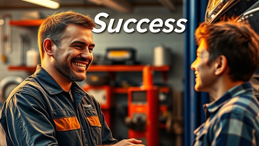A smiling mechanic and satisfied customer symbolize customer loyalty in an auto repair shop.