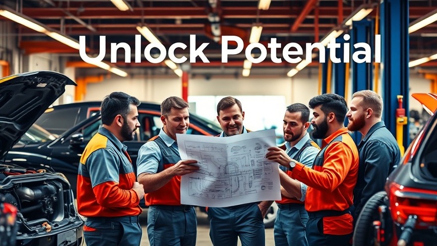 Mechanics discussing innovative auto repair services in a vibrant shop.
