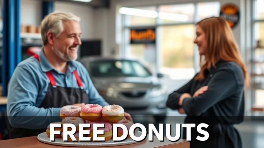 Friendly auto repair shop owner engaging customers with free donuts and a welcoming atmosphere.