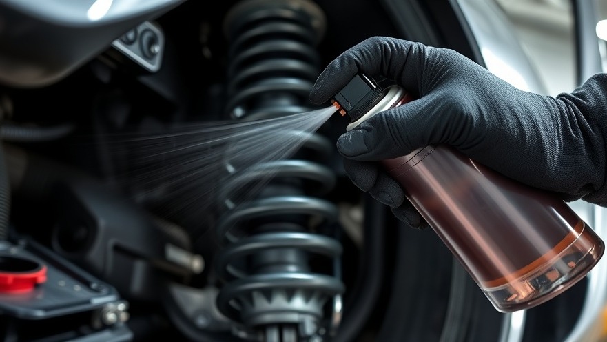 Close-up of car suspension maintenance; spraying solution for suspension care tips.