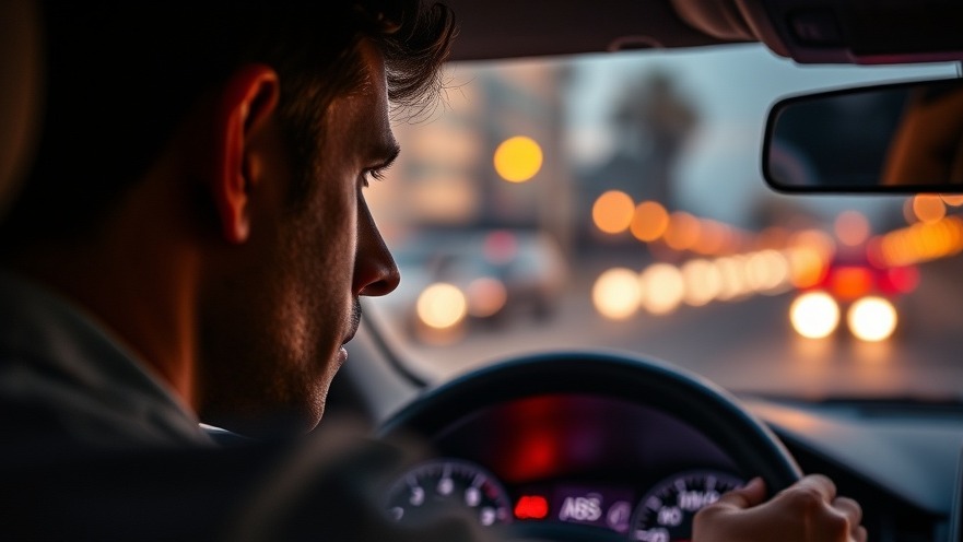 Concerned driver with illuminated ABS light on dashboard, highlighting car safety.