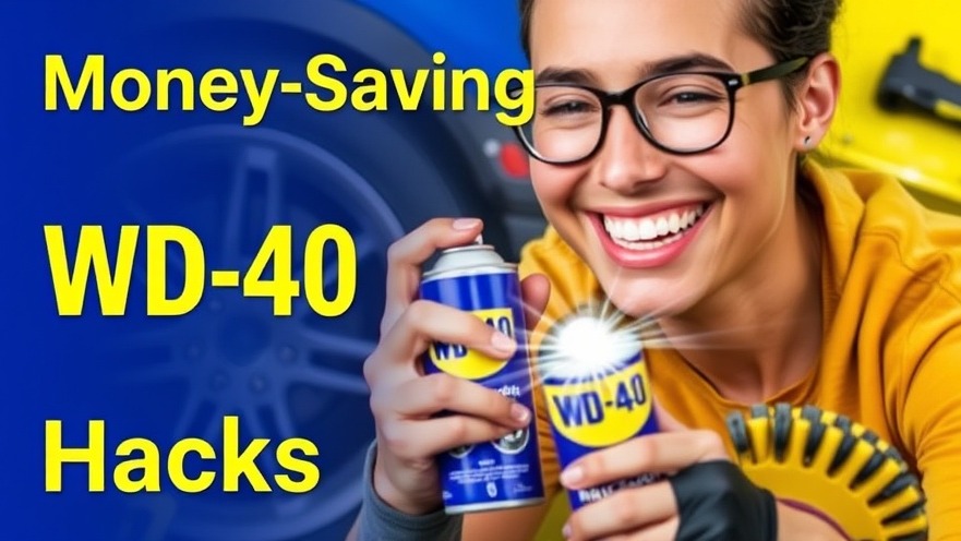 Smiling person using WD-40 for car maintenance tips, surrounded by tools.