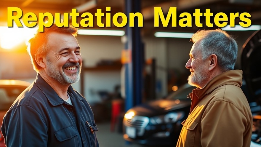Mechanic interacting with satisfied customer, showcasing online reviews and customer trust.