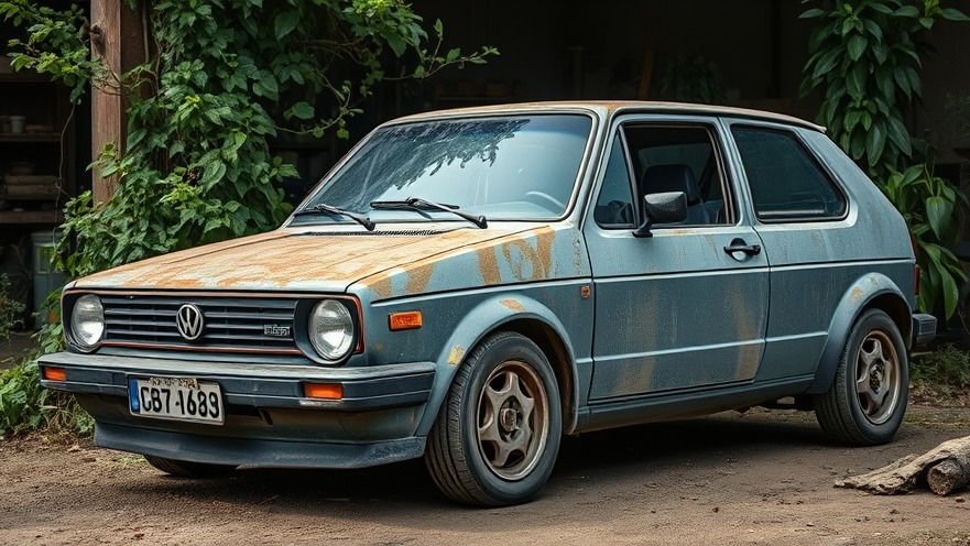 Weathered Volkswagen GTI in rustic garage, showcasing car restoration potential.