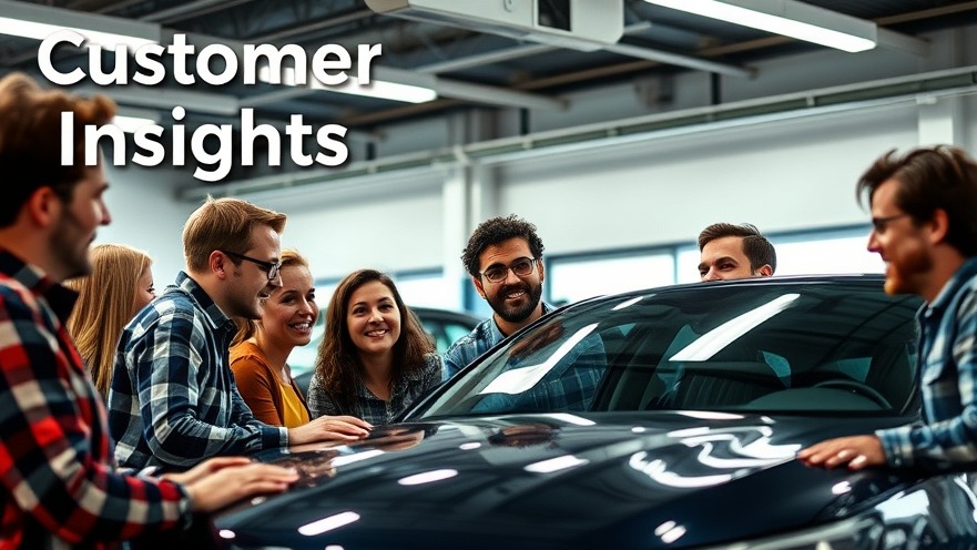 Diverse group discussing customer feedback on automotive trends in a vibrant repair shop.