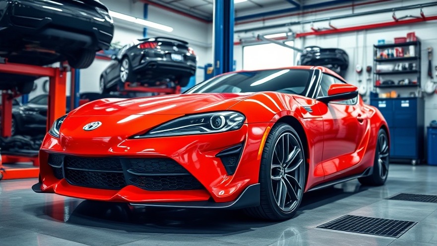 Auto repair services featuring a bright red sports car and mechanic shop details.