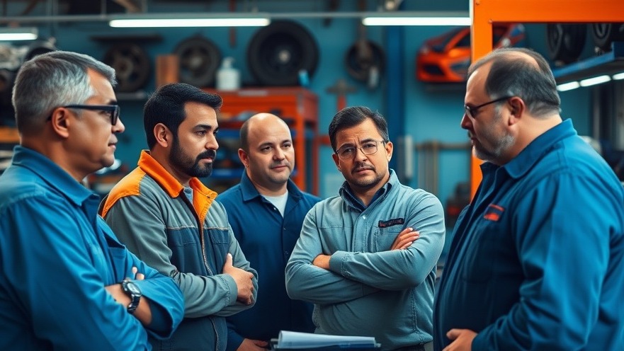 Diverse repair shop owners discussing strategies amid automotive trade policies and tariff landscape.