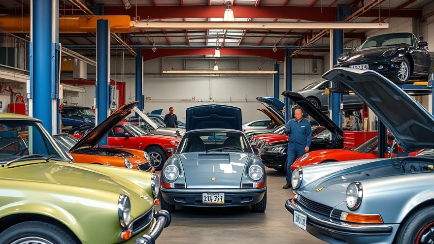 Vibrant car repair workshop scene with mechanics busy on modern and classic cars.