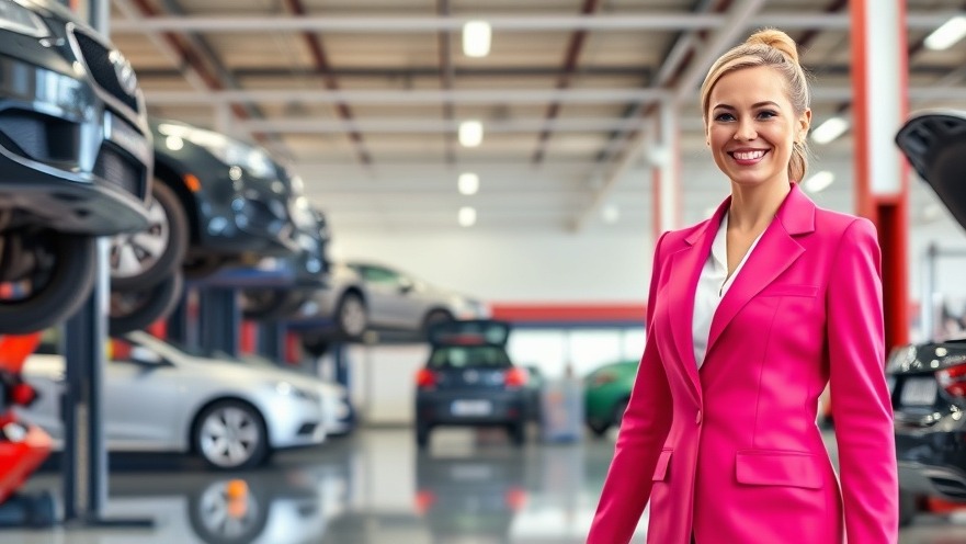 Confident service advisor in pink suit, showcasing beginner success stories in automotive repair.