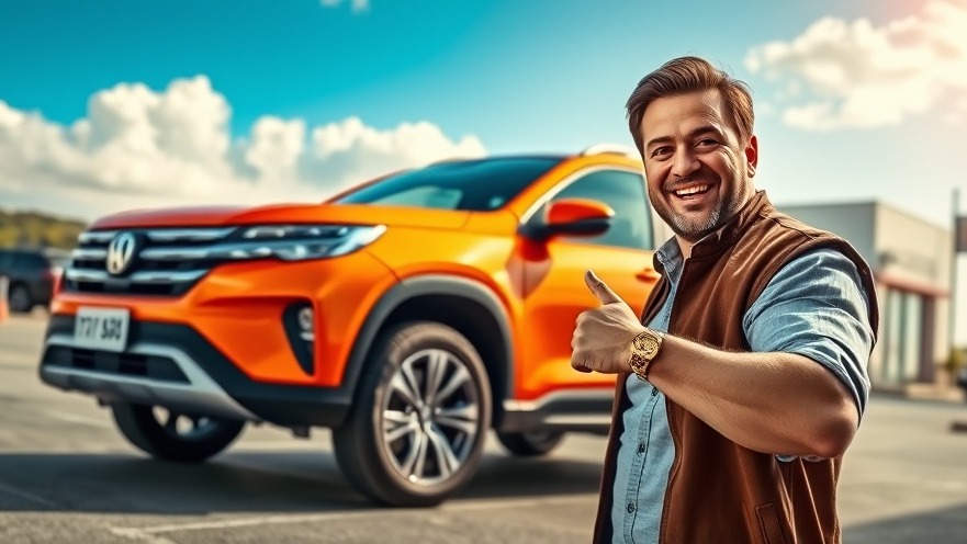 Confident man pointing at vibrant orange SUV with expert car buying tips.