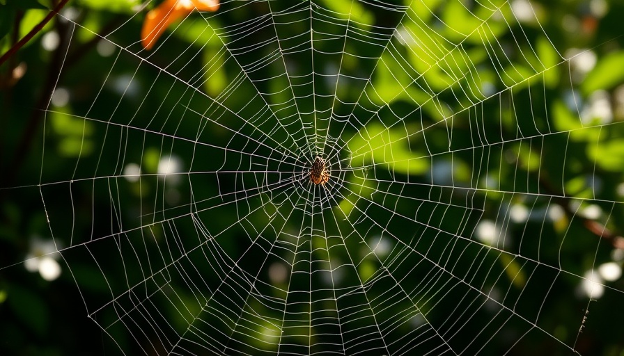 Intricate spider web in sunlight with green foliage background.