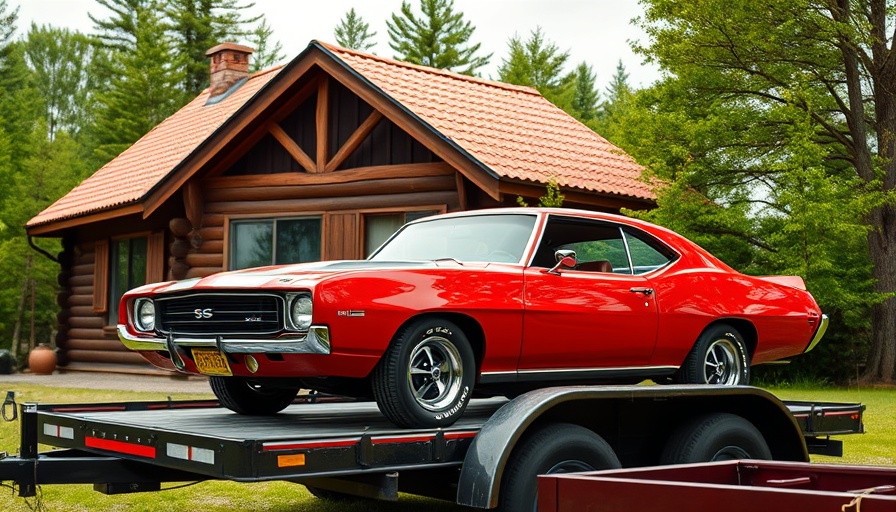 Red muscle car on a trailer beside a cabin with warning signs.