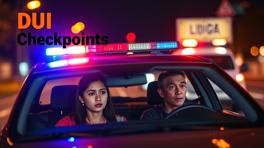Police car at a DUI checkpoint, worried couple in passenger seat, vibrant night scene.