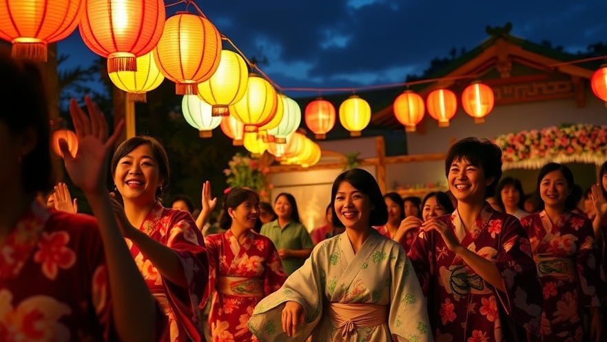 Joyful participants in yukatas dancing at dusk during Bon Dance festival.