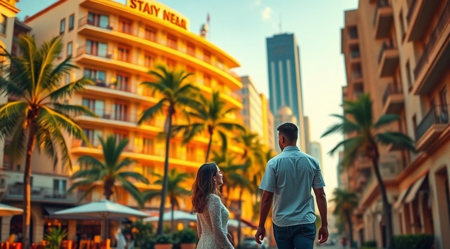 Tranquil city scene with a cozy hotel, palm trees, and a couple enjoying the view.