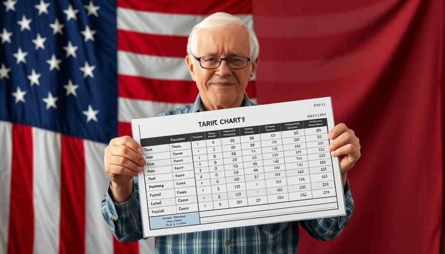 Older male presenting tariff chart discussing U.S. consumer spending drops.