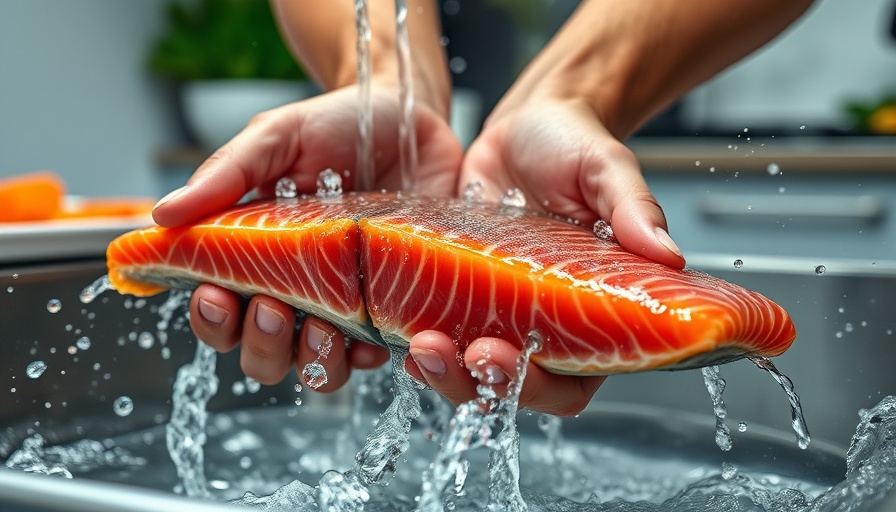 Washing salmon fillet under running water for Lomi Lomi Salmon