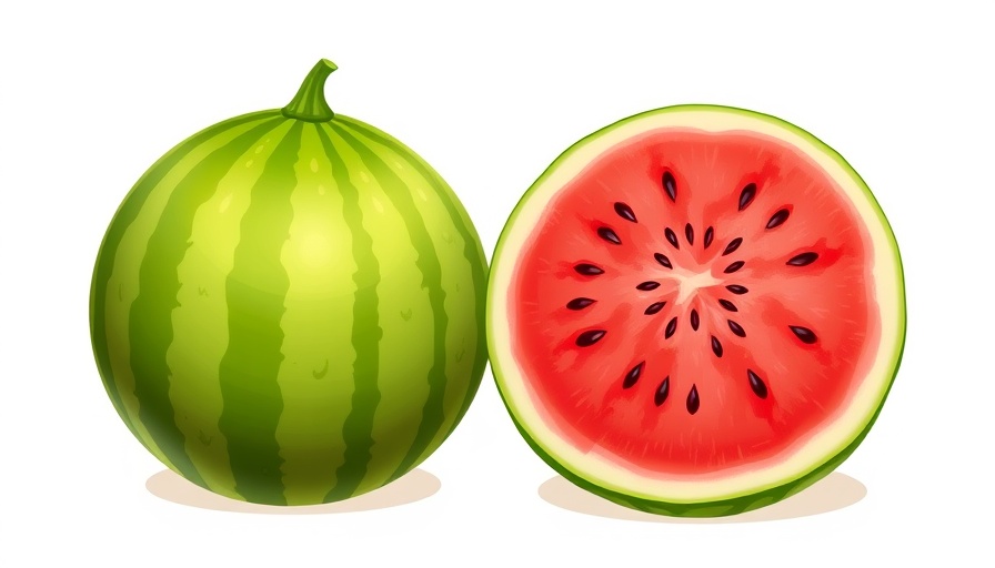 Cartoon whole and sliced watermelon illustration showcasing health benefits.